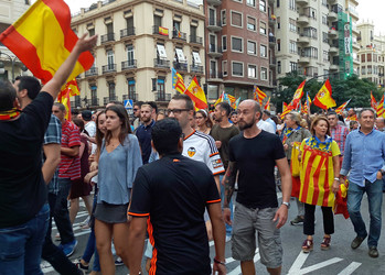 Demonstranten mit Flaggen laufen die Straße runter  | © Jana Vonderlin