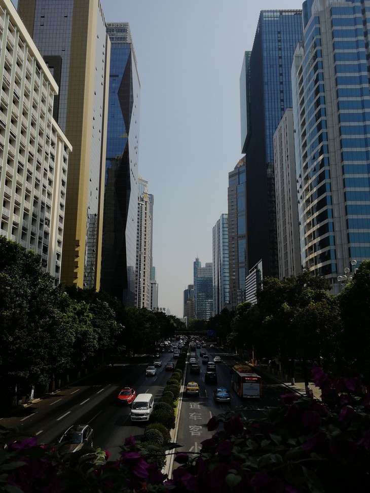 Eine mit Hochhäusern gespickte Straße in Guangzhou. | © David Grimm